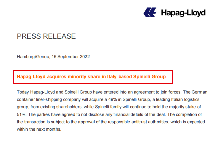 Hapag-Lloyd acquires Italys Spinelli Group ハパック・ロイドがイタリアのスピネリ・グループを買収