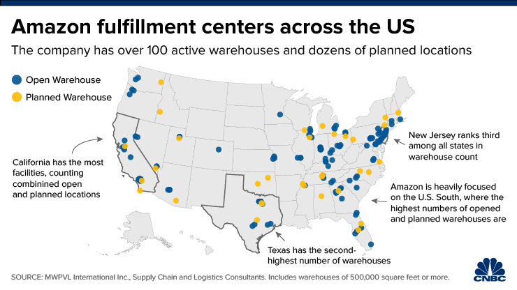 米国全土のAmazonフルフィルメントセンター